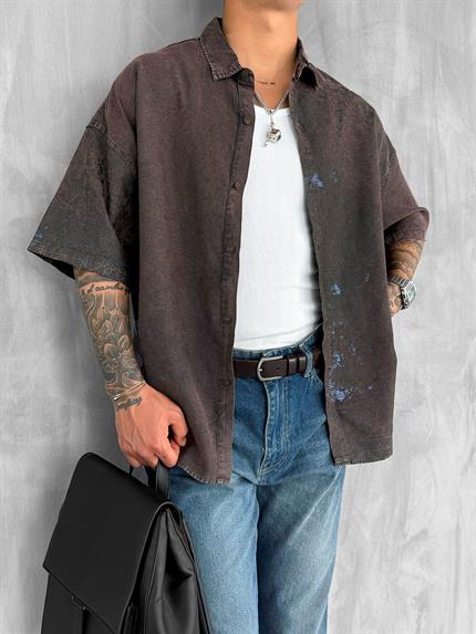 Erkek Kısa Kollu Desenli Oversize Gömlek Kahverengi