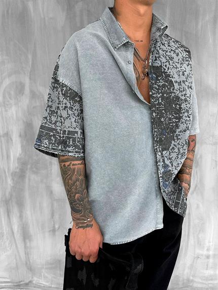 Erkek Kısa Kollu Desenli Oversize Gömlek Gri