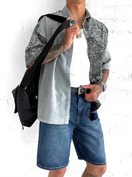 Erkek Kısa Kollu Desenli Oversize Gömlek Gri