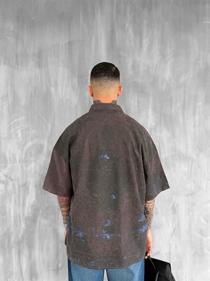 Erkek Kısa Kollu Desenli Oversize Gömlek Kahverengi