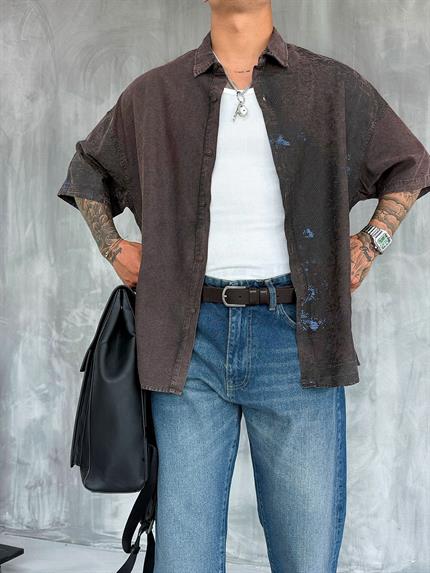 Erkek Kısa Kollu Desenli Oversize Gömlek Kahverengi