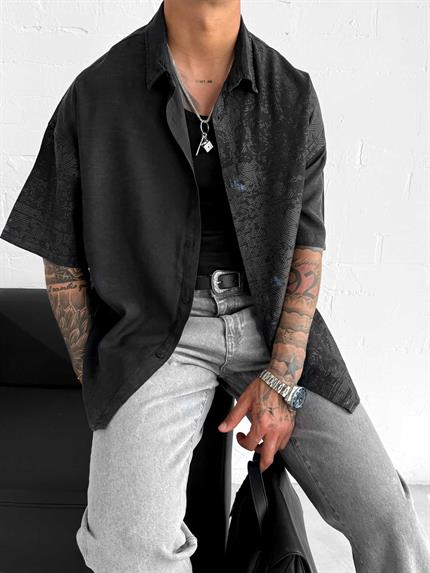 Erkek Kısa Kollu Desenli Oversize Gömlek Siyah