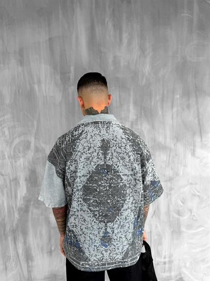 Erkek Kısa Kollu Desenli Oversize Gömlek Gri