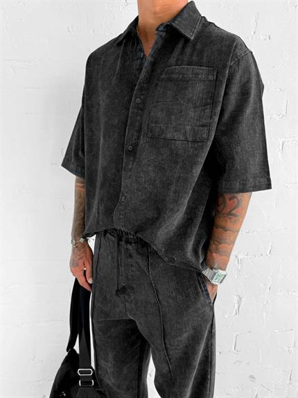 Erkek Kısa Kollu Yıkamalı Oversize Gömlek Siyah