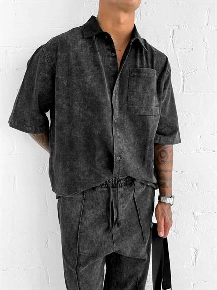 Erkek Kısa Kollu Yıkamalı Oversize Gömlek Siyah