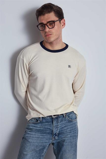 Erkek Kontrast Detaylı Oversize Basic Sweatshirt Krem