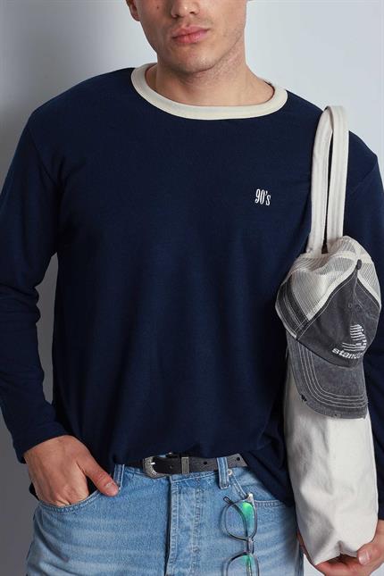 Erkek Kontrast Detaylı Oversize Basic Sweatshirt Lacivert