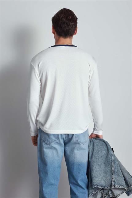 Erkek Kontrast Detaylı Oversize Basic Sweatshirt Ekru