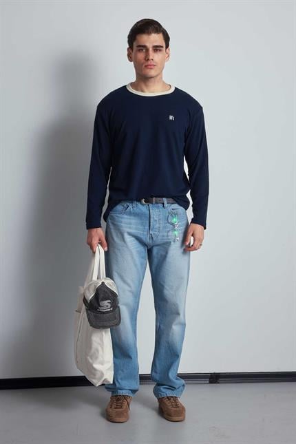 Erkek Kontrast Detaylı Oversize Basic Sweatshirt Lacivert