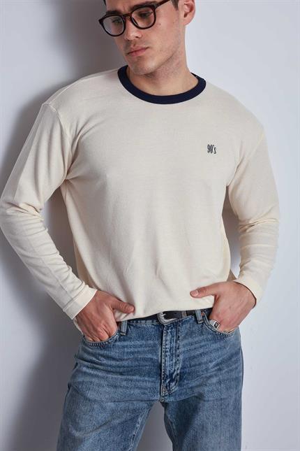 Erkek Kontrast Detaylı Oversize Basic Sweatshirt Krem