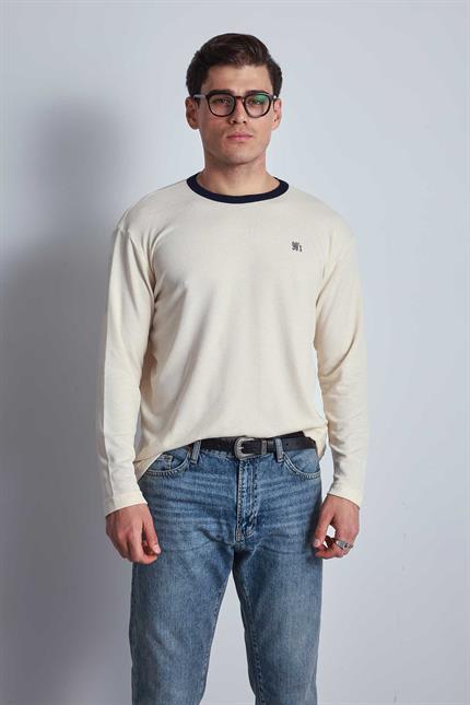 Erkek Kontrast Detaylı Oversize Basic Sweatshirt Krem