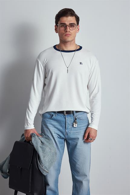 Erkek Kontrast Detaylı Oversize Basic Sweatshirt Ekru