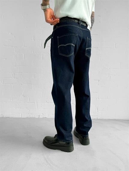 Erkek Kontrast Dikişli Baggy Fit Jean Pantolon Lacivert