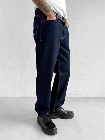 Erkek Kontrast Dikişli Baggy Fit Jean Pantolon Lacivert