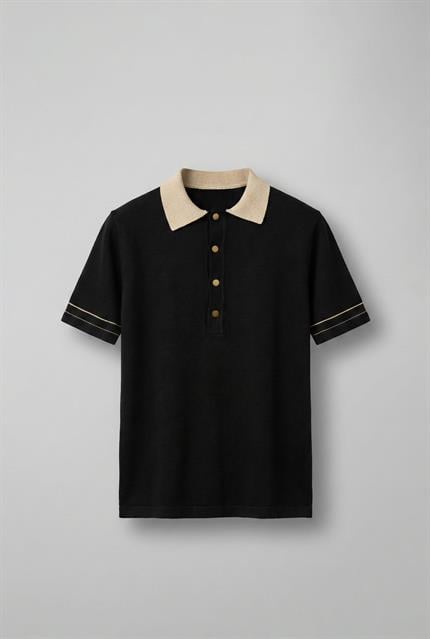 Erkek Kontrast Polo Yaka Premium Regular Fit T-Shirt Siyah