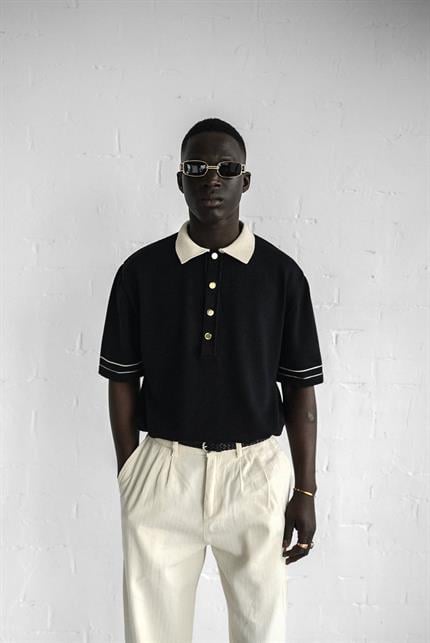 Erkek Kontrast Polo Yaka Premium Regular Fit T-Shirt Siyah