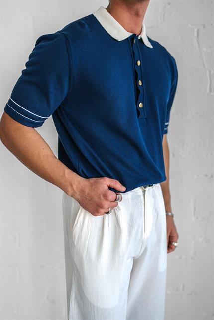 Erkek Kontrast Polo Yaka Premium Regular Fit T-Shirt Lacivert