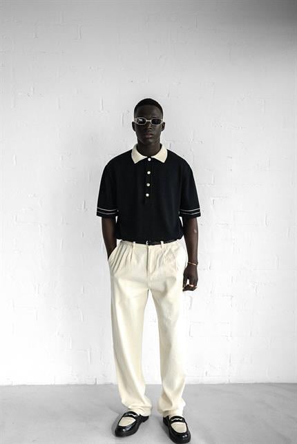 Erkek Kontrast Polo Yaka Premium Regular Fit T-Shirt Siyah