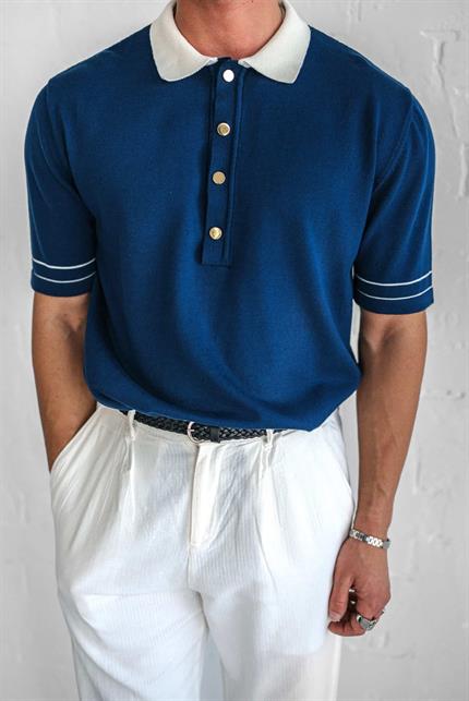 Erkek Kontrast Polo Yaka Premium Regular Fit T-Shirt Lacivert