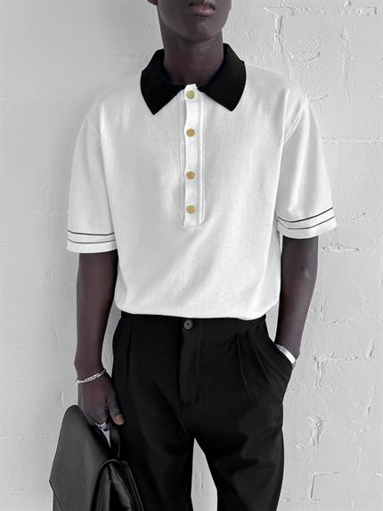Erkek Kontrast Polo Yaka Premium Regular Fit T-Shirt Beyaz