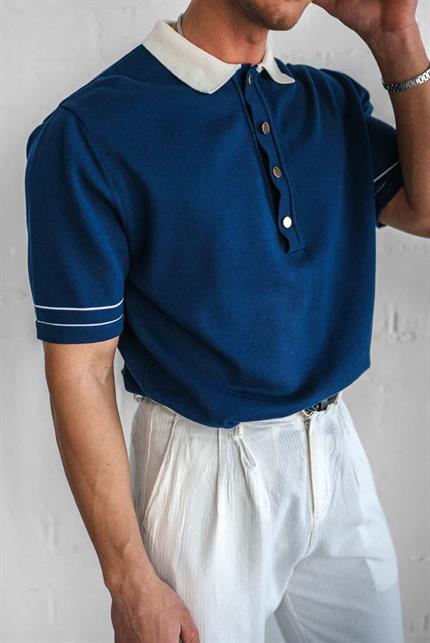 Erkek Kontrast Polo Yaka Premium Regular Fit T-Shirt Lacivert