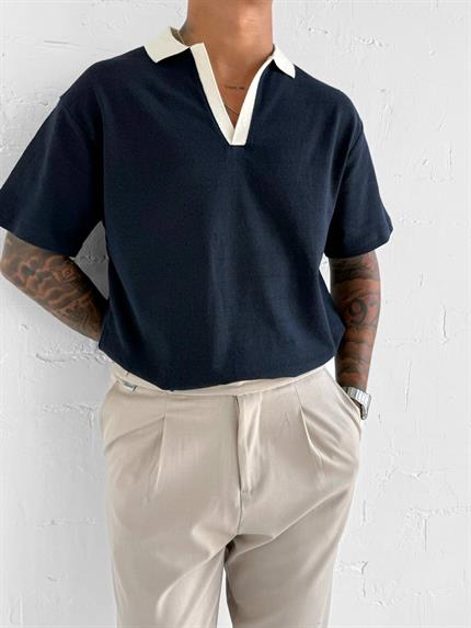 Erkek Kontrast V Yaka Relax Fit T-Shirt Lacivert