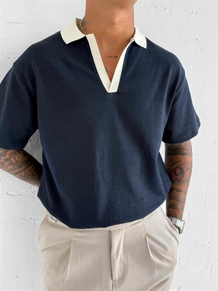 Erkek Kontrast V Yaka Relax Fit T-Shirt Lacivert