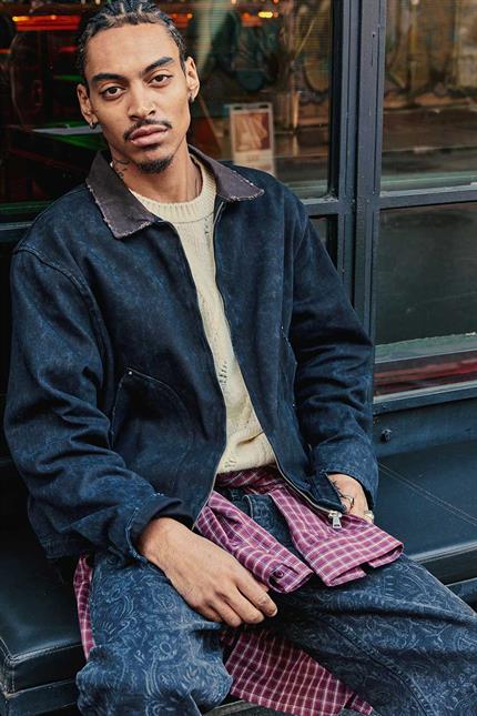 Erkek Kontrast Yaka Yıkamalı Relax Fit Ceket Siyah