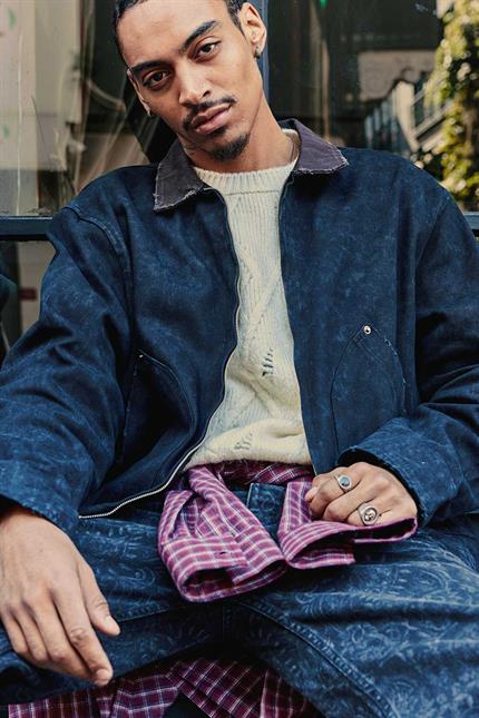 Erkek Kontrast Yaka Yıkamalı Relax Fit Ceket Siyah