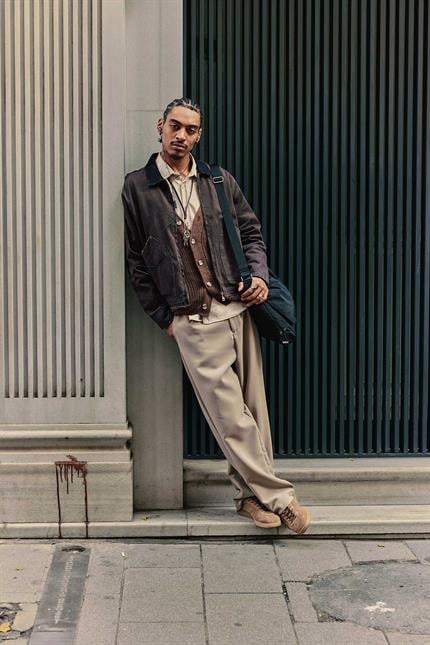 Erkek Kontrast Yaka Yıkamalı Relax Fit Ceket Kahverengi