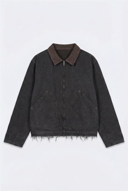 Erkek Kontrast Yaka Yıkamalı Relax Fit Ceket Siyah