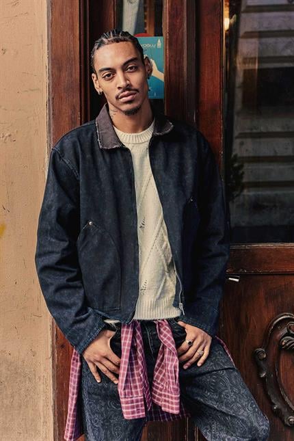 Erkek Kontrast Yaka Yıkamalı Relax Fit Ceket Siyah