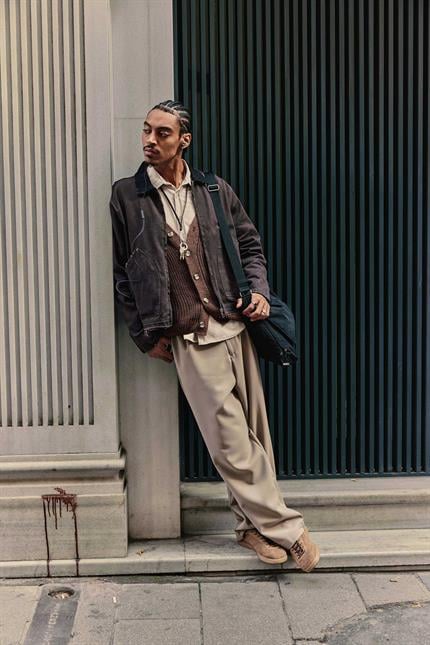 Erkek Kontrast Yaka Yıkamalı Relax Fit Ceket Kahverengi