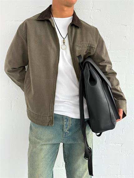 Erkek Kontrast Yakalı Regular Fit Denim Ceket Yeşil