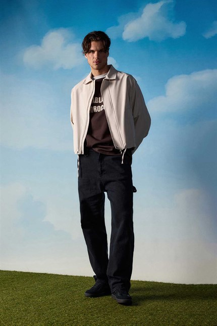 Erkek Kore Oversize Casual Bomber Ceket Bej