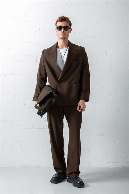 Erkek Kruvaze Düğmeli Oversize Takım Elbise Kahverengi
