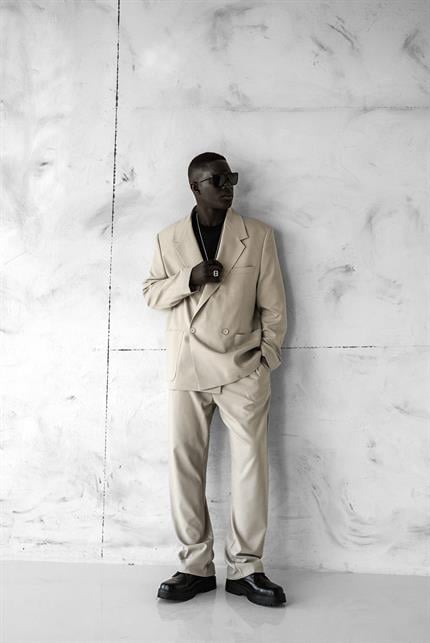 Erkek Kruvaze Düğmeli Oversize Takım Elbise Bej