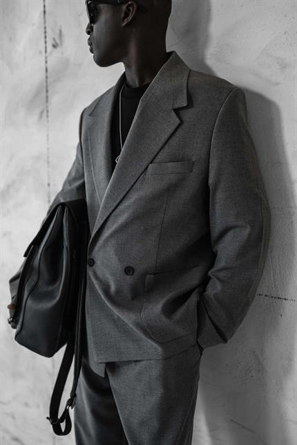 Erkek Kruvaze Düğmeli Oversize Takım Elbise Gri