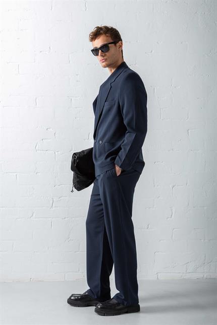 Erkek Kruvaze Düğmeli Oversize Takım Elbise Lacivert