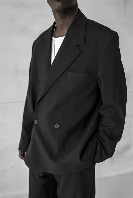 Erkek Kruvaze Düğmeli Oversize Takım Elbise Siyah