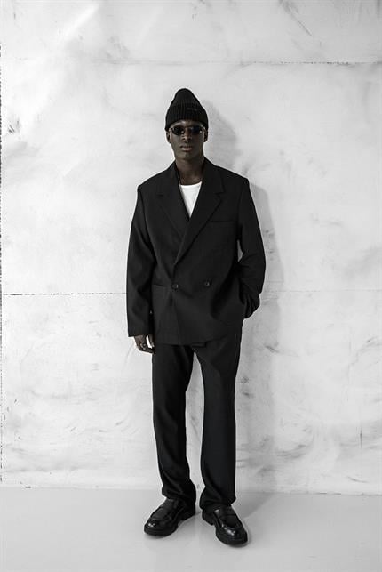 Erkek Kruvaze Düğmeli Oversize Takım Elbise Siyah