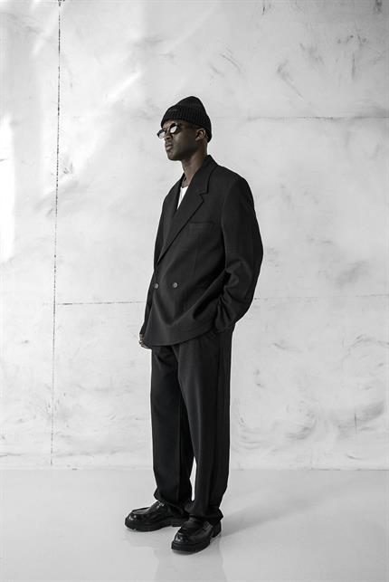 Erkek Kruvaze Düğmeli Oversize Takım Elbise Siyah