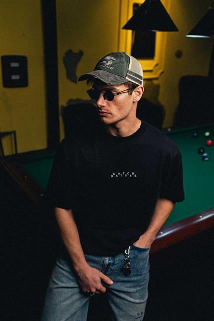 Erkek Kuzgun Yamalı Oversize T-Shirt Siyah