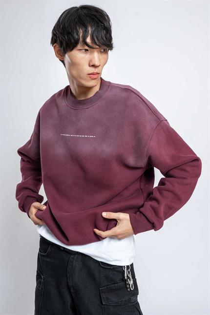 Erkek Minimal Yazı Detaylı Yıkamalı Sweatshirt Bordo