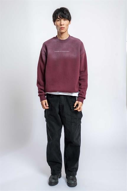 Erkek Minimal Yazı Detaylı Yıkamalı Sweatshirt Bordo