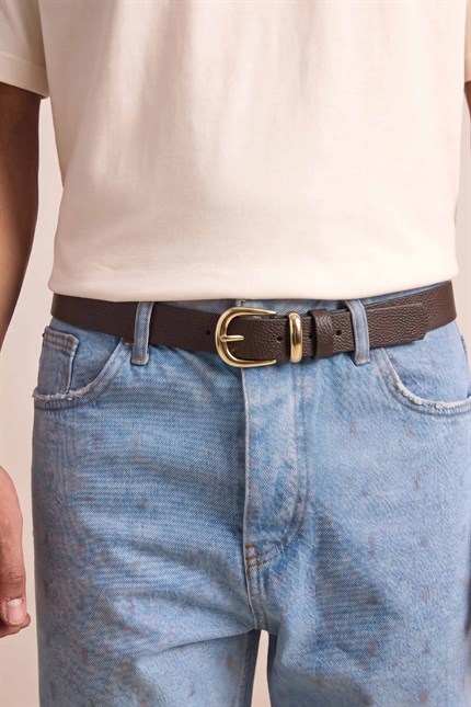 Erkek Modern İnce Gold Tokalı Casual Kemer Koyu Kahve