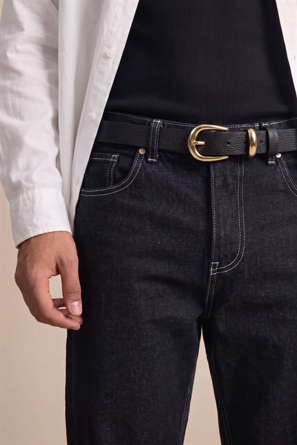 Erkek Modern İnce Gold Tokalı Casual Kemer Siyah