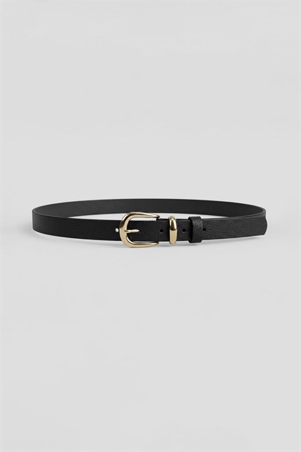 Erkek Modern İnce Gold Tokalı Casual Kemer Siyah