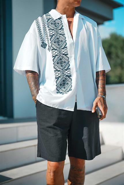 Erkek Nakış Desenli Kısa Kollu Süper Oversize Gömlek Beyaz