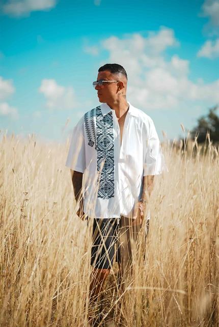 Erkek Nakış Desenli Kısa Kollu Süper Oversize Gömlek Beyaz